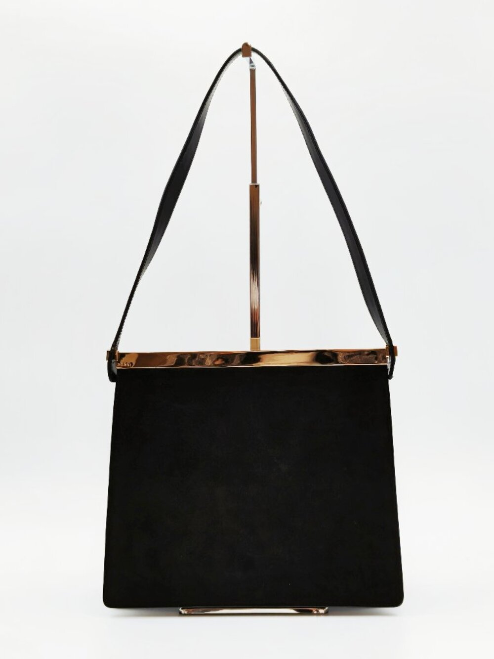 Gucci Vintage Black Suede Shoulder Bag Gold Tone Bar Top Minimalist Evening Bag
